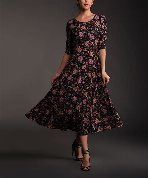 Lbisse Black Lilac Floral Three Quarter Sleeve Midi Dress Women