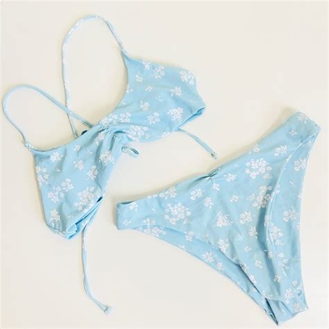 Dolls Kill Swim Blue Ditsy Floral Strappy Tie Back Ruched High Leg Bikini Swim Set Poshmark