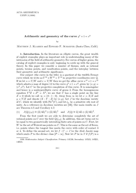 Pdf Arithmetic And Geometry Of The Curve Y³1x⁴ Matthew Klassen