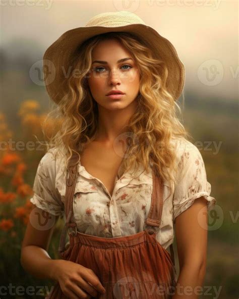 A Beautiful Blonde Woman In A Hat And Overalls Standing In A Field Generative Ai Stock