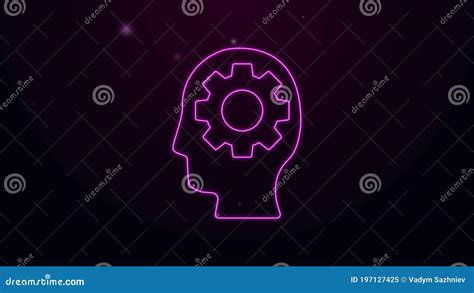 Glowing Neon Line Human Head With Gear Inside Icon Isolated On Purple