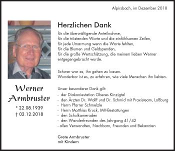 Traueranzeigen Von Werner Armbruster Schwarzw Lder Bote Trauer