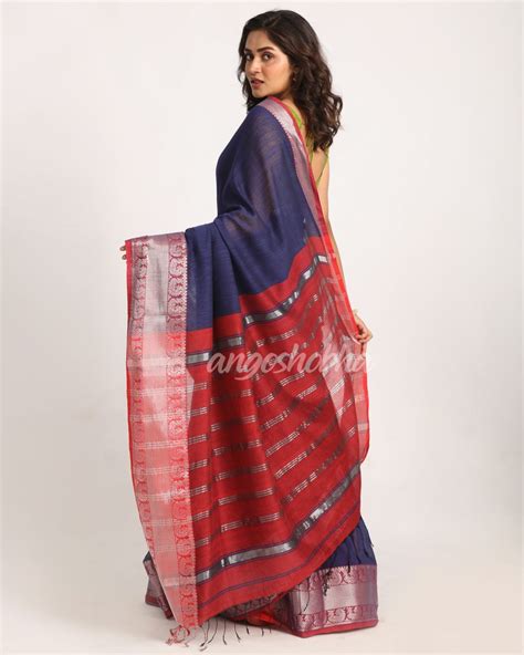 Navy Blue Handloom Cotton Tangail Saree Angoshobha