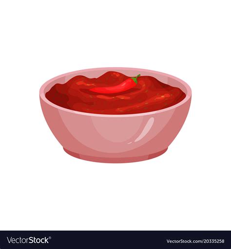 Salsa with red-hot chili pepper in ceramic dip Vector Image