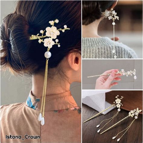 Jual Sangjit Hairpin Tusuk Konde Juntai Motif Bunga Daun Aksesori