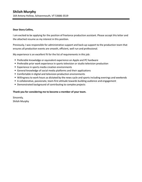 Freelance Production Assistant Cover Letter Velvet Jobs