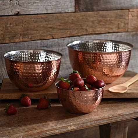 Set Of 3 Copper Hammered Mixing Bowls With Stainless Steel Interior