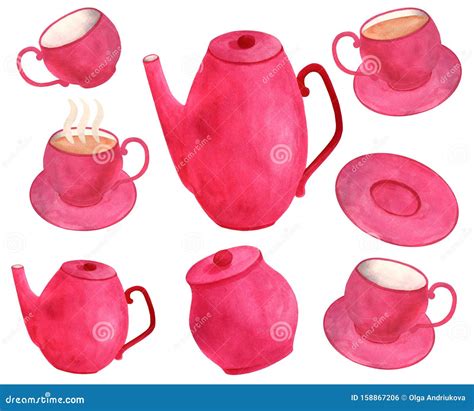 Watercolor Tea Set Hand Drawn Colorful Bright Pink Teapot Cup With