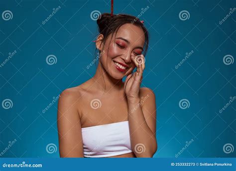 Smiling Elegant Korean Girl Poses With Closed Eyes Stock Image Image