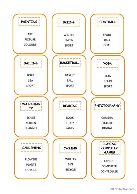 Taboo Game With Hobbies Related Vocabulary Students Must Explain Each