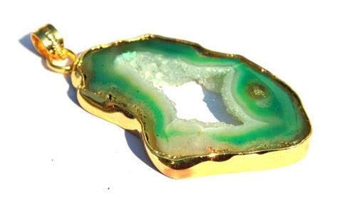 66x34mm 24Kt Gold Electroplated Edge Green Druzy Agate Slice Pendant