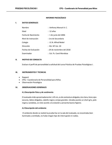 Informe Psicologico Cpq Informe Psicolgico I Datos