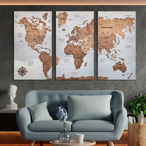 World Map Wall Art Push Pin Map Cork Board Wooden Travel Map Etsy