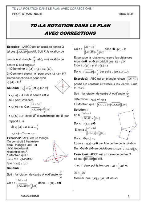 La Rotation Dans Le Plan Corrigé Série Dexercices 1 Alloschool