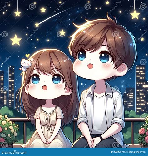 Happy Chibi Love Couple Stargazing Illustration Stock Illustration ...