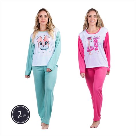 Promo O Kit Pijamas Estampados Feminino Longo Inverno Moda Adulto