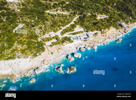 Aerial View Of Zig Zag Road And Kalamitsi Beach Ionian Sea Lefkada