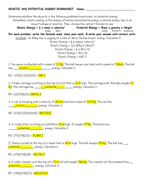 Potential And Kinetic Energy Worksheet With Answers