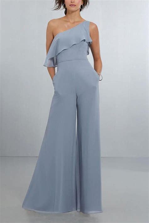 Elegant Ruffled High Waist Sloping Shoulder Pure Colour Jumpsuit