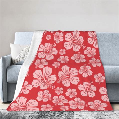 Ocsxa Flannel Fleece Red Hibiscus Flower Print Throw Blanket