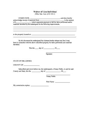 Oklahoma Lien Waiver Individual Fill And Sign Printable Template Online