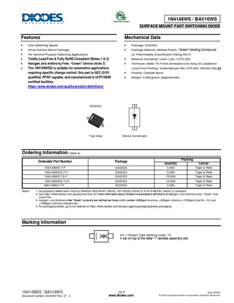 1n4148ws Datasheet Surface Mount Fast Switching Diode