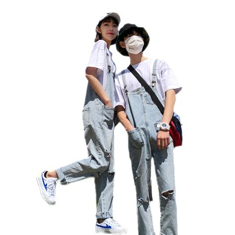 Harajuku мужские синие джинсовые комбинезоны Модные женские рваные ...