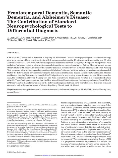 Frontotemporal Dementia Semantic Dementia And AlzheimerS Disease