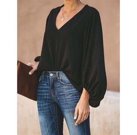 Anna Kaci Love Lantern Sleeve Basic Relaxed Fit V Neck Long Sleeve Top