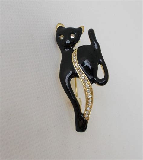 Vintage Enameled Cat Brooch Pin Black Gold Tone Clear