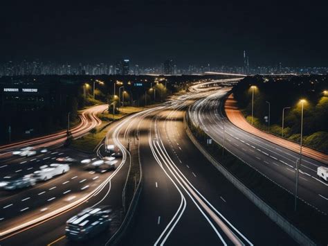 Voitures De La Circulation Nocturne Sur La Route Au Coucher Du Soleil