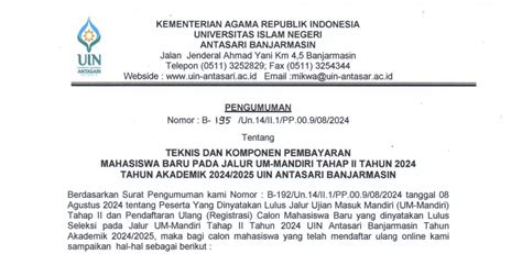 Pengumuman Teknis Dan Komponen Pembayaran Mahasiswa Baru Pada Jalur UM