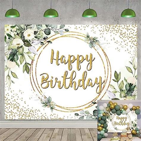 7x5FT Birthday Backdrop Green Leaves Floral Happy Birthday Sign Poster