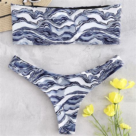 ZAFUL Abstract Print Strapless Bikini Sets Beach Bandeau Swimwear