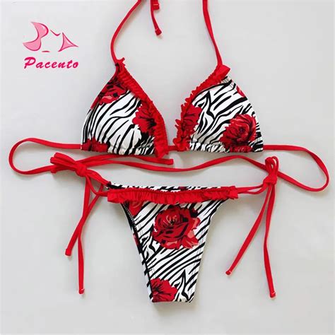 PACENT Micro Brazilian Bikini Thong Set Rose Zebra Print Sexy Women S