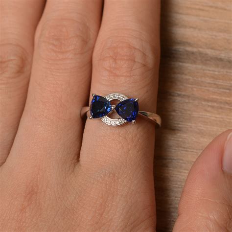 Lab Blue Sapphire Ring Engagement Anniversary Ring Trillion Etsy