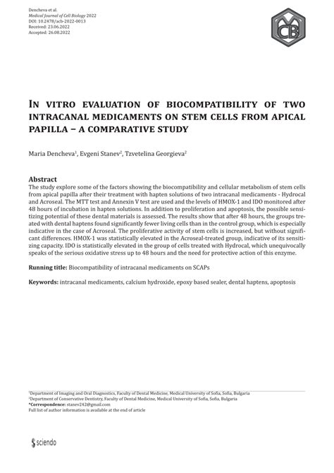 Pdf In Vitro Evaluation Of Biocompatibility Of Two Intracanal