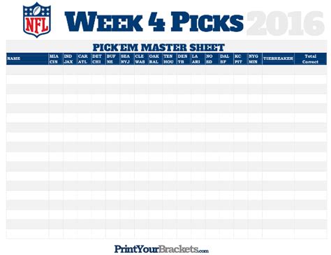 NFL Week 4 Picks Master Sheet Grid