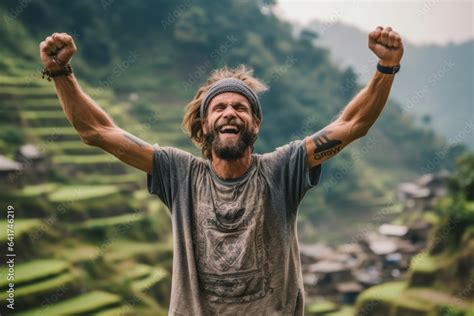 Close Up Portrait Photography Of A Tender Mature Man Striking A Victory Pose Donning A Trendy