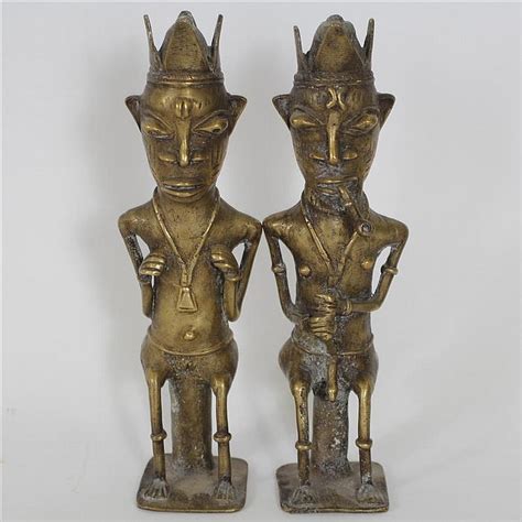 Lot Pair Of Nigerian Benin Cast Bronze Male And Female Royal Figures