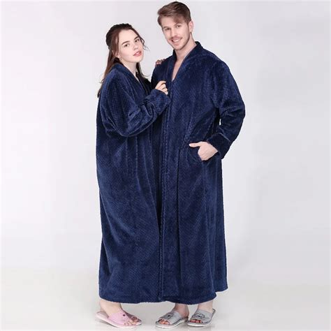 Men Women Winter Zipper Extra Long Thicken Grid Flannel Warm Bath Robe Plus Size Soft Thermal