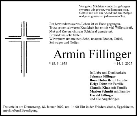 Armin Fillinger Traueranzeige Trauer Infranken De