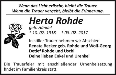 Traueranzeigen von Herta Rohde geb Händel abschied nehmen de