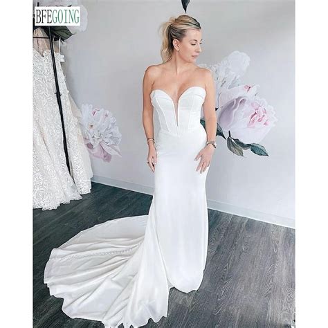 Marfim Cetim Chiffon Strapless Sereia Trompete Vestidos De Casamento