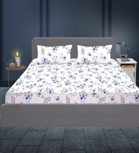 Buy White Floral 180 Tc 100 Cotton Single Bed Sized Bed Sheets With 2