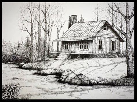 Log Cabin Print, Country, Cabin, Landscape, Mountain Cabin, Pen and Ink ...