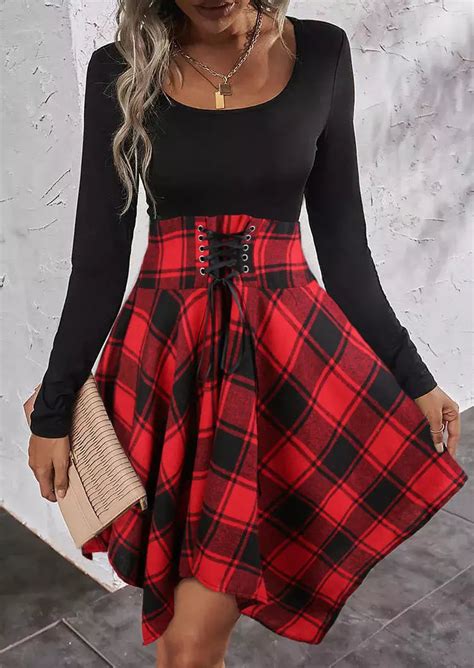 Plaid Lace Up Zipper Long Sleeve O Neck Mini Dress Zeagoo