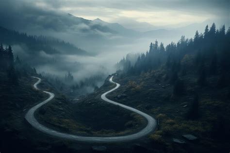 Premium Photo A Winding Mountain Road Disappearing Into The Mist 00585 00