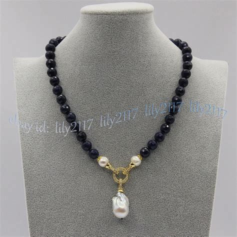 Faceted Dark Blue Jade Round Gems White Baroque Keshi Pearl Pendant