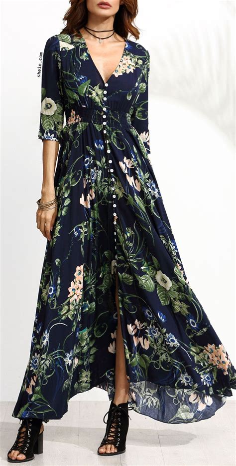 Floral Plunging Button Front Maxi Dress Chic Outfits Fashion Maxi Dress